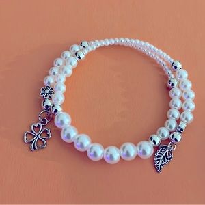 White Glass Pearl Beaded Memory Wire Bracelet , Gift for her